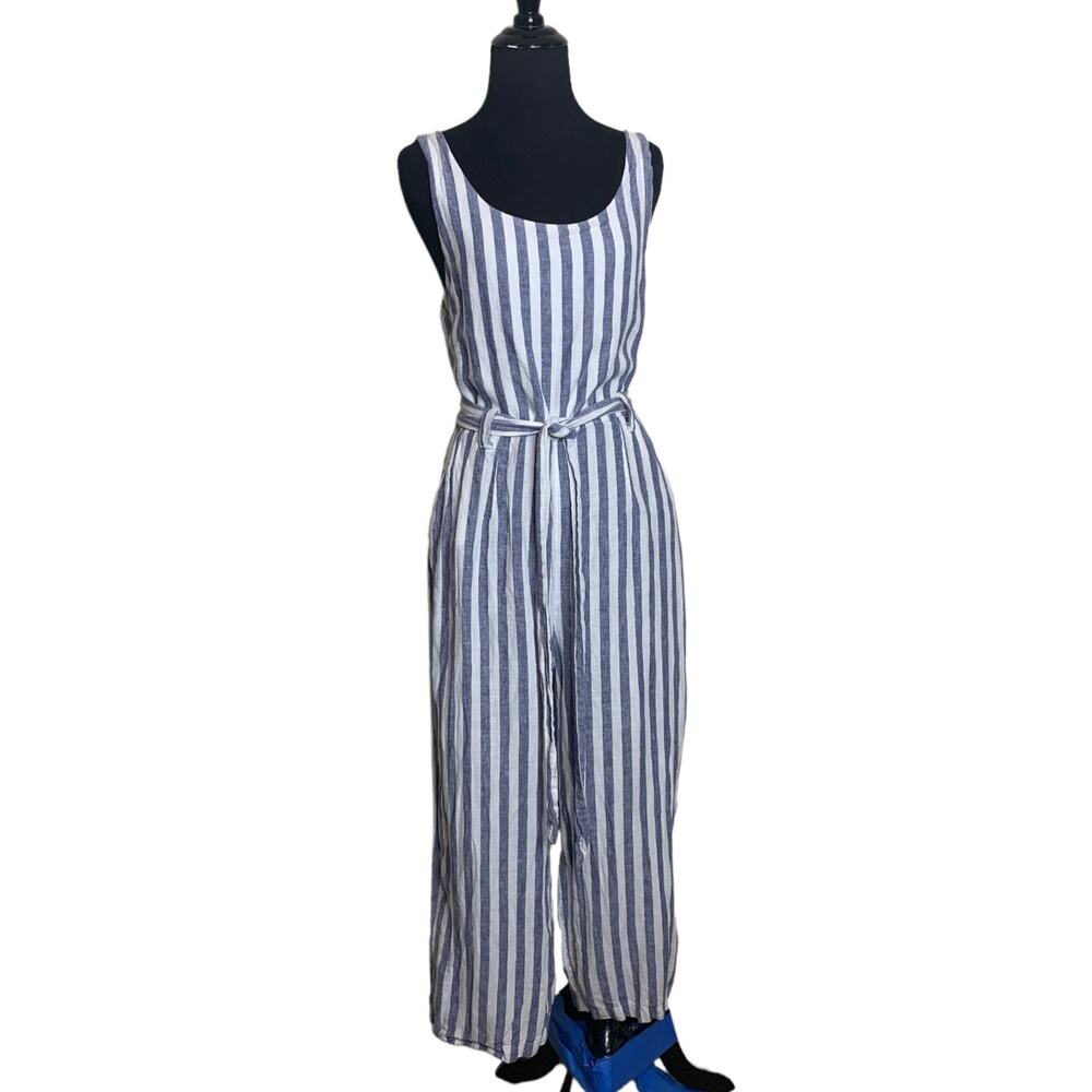 RACHEL ZOE Blue Linen Striped cropped Jumpsuit size 4